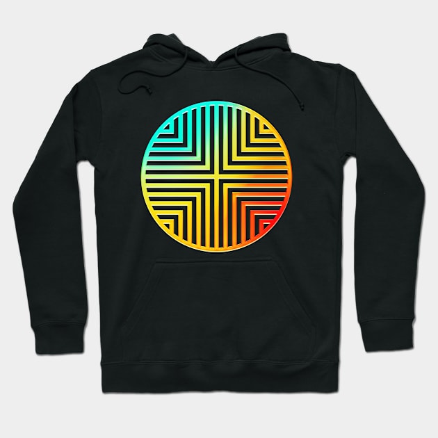 Neon Geometric Glyph Mandala Sigil Rune Sign Seal Cyan Red and Yellow  -  045 Hoodie by Holy Rock Design